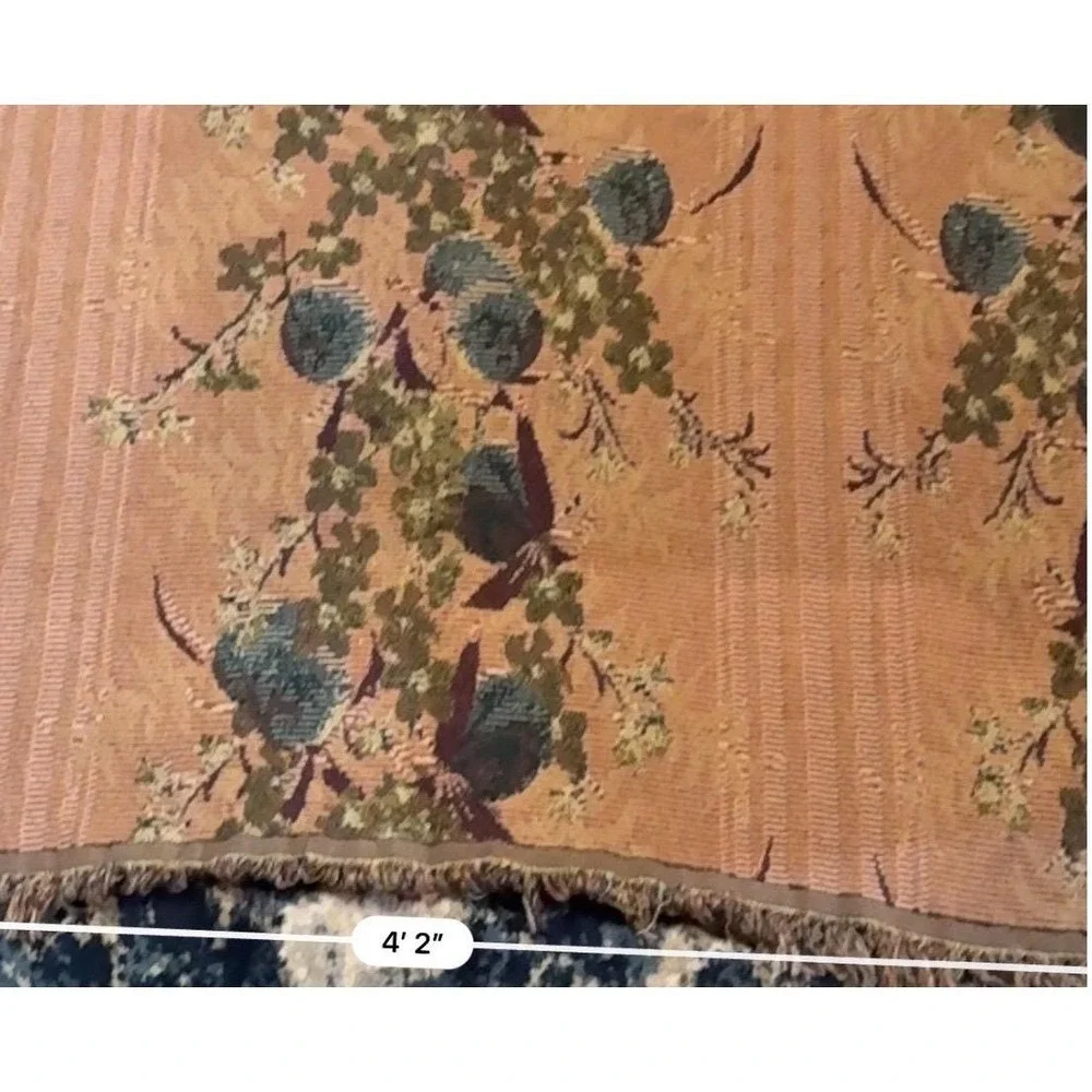 VTG‎ Peach Floral Woven Tapestry Throw Blanket Navy Green Gold Fringed 50x61